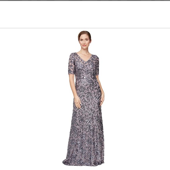 NWT Alex Evenings Purple Sequin Maxi Gown Flutter Sleeve - Picture 1 of 6